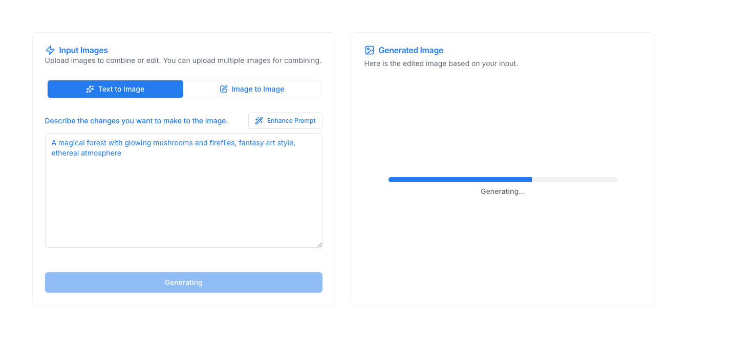 Generation Process - Screenshot showing the generation in progress with progress indicator, status message, and the
prompt input field with Generate button