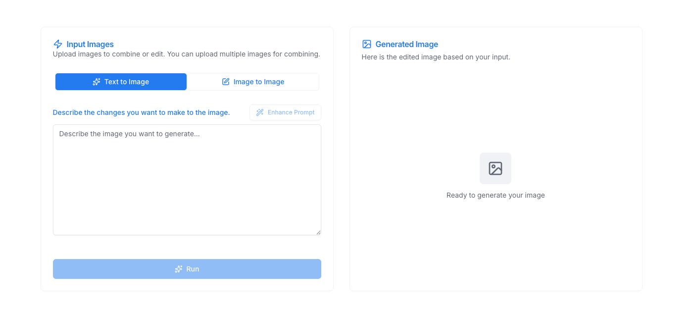 Image Editor Interface - Screenshot showing the main editor page with mode selector buttons (Text-to-Image and Image
Editing) and the prompt input area